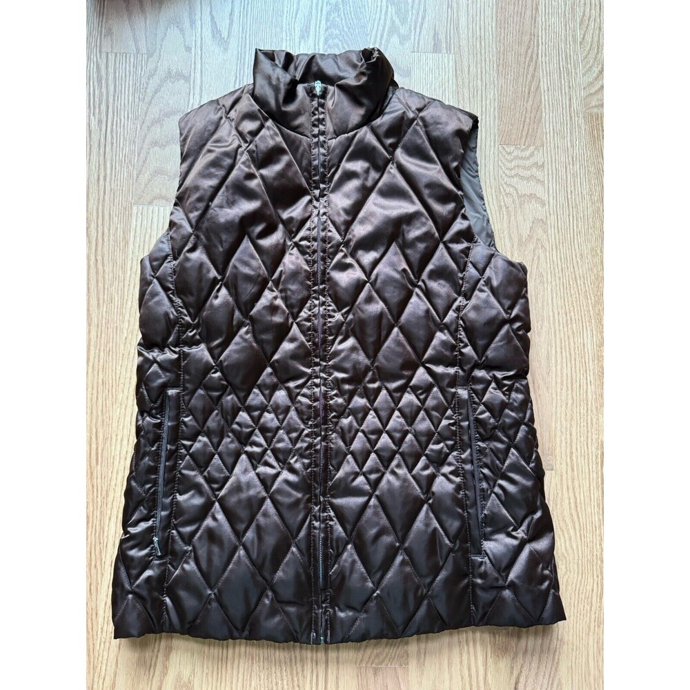 Lands End Women’s Satin‎ Goose Down Vest Size Small Quilted Full Zip Rich Brown